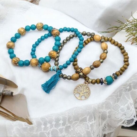 4pc Set Boho Turquoise Beaded Stacked Tree Tassel Charm Bracelet Stretch Beads - Picture 1 of 6